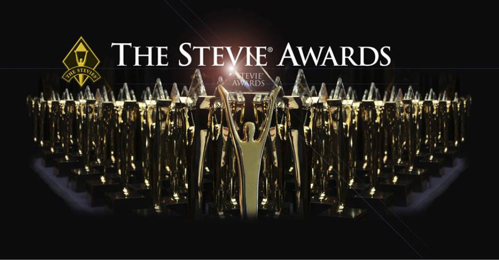 Image of Stevie Awards trophies (a golden man holding a crystal triangle)