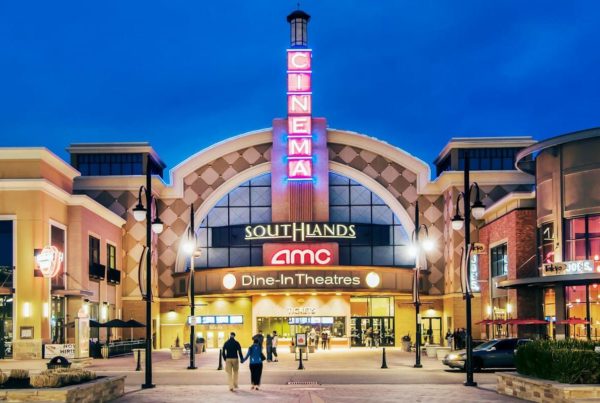 Image of Southlands AMC theater at night.